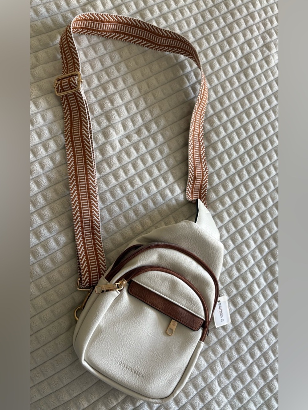 White and Brown Crossbody Sling Bag with Patterned Strap